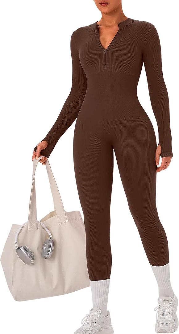 OLCHEE Womens Long Sleeve Workout Jumpsuit Seamless Ribbed Tummy Control Yoga Bodycon Zip Up One Piece Unitard Sculpt Rompers (Brown, S)
