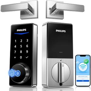 Philips Wi-Fi Smart Lock with Handles, WiFi Keyless Entry Front Door Lock Set, Keypad Deadbolt with Handle App Fingerprint Code Unlocking, Auto Locking, Built-in WiFi, Remote Control & Voice Unlock