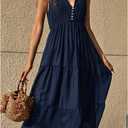 BROVAVE Womens 2025 Summer Sleeveless Shirt Dress Collar Striped V Neck Casual Midi Dresses (Blue, M)