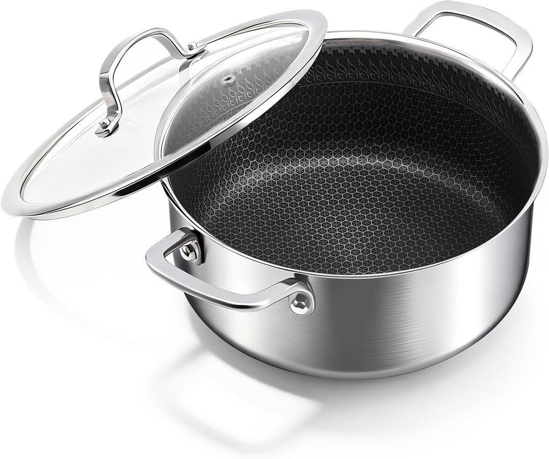 4.6 Qt Stainless Steel Stock Pot with Lid, 3-Ply 18/10 Hybrid Honeycomb Nonstick Soup Pot, 9.4 Inch Induction Pasta Pot for Simmering, Boiling & Stewing