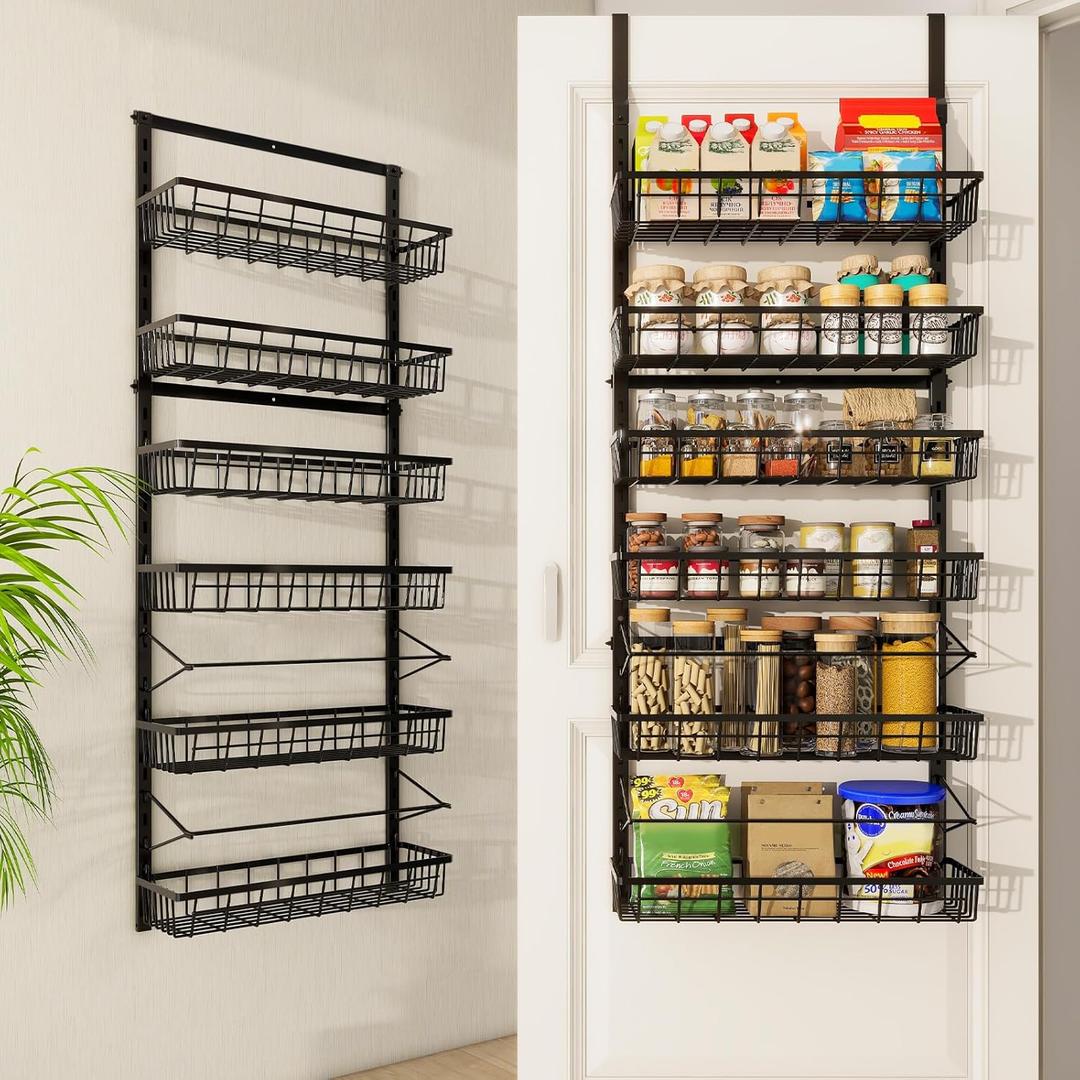 Mefirt Over The Door Pantry Organizer, Pantry Storage and Organization, 6-Tier Adjustable Hanging Baskets, Metal Wall Mount Spice Rack Seasoning Shelves for Home & Kitchen, Laundry Bathroom - Black