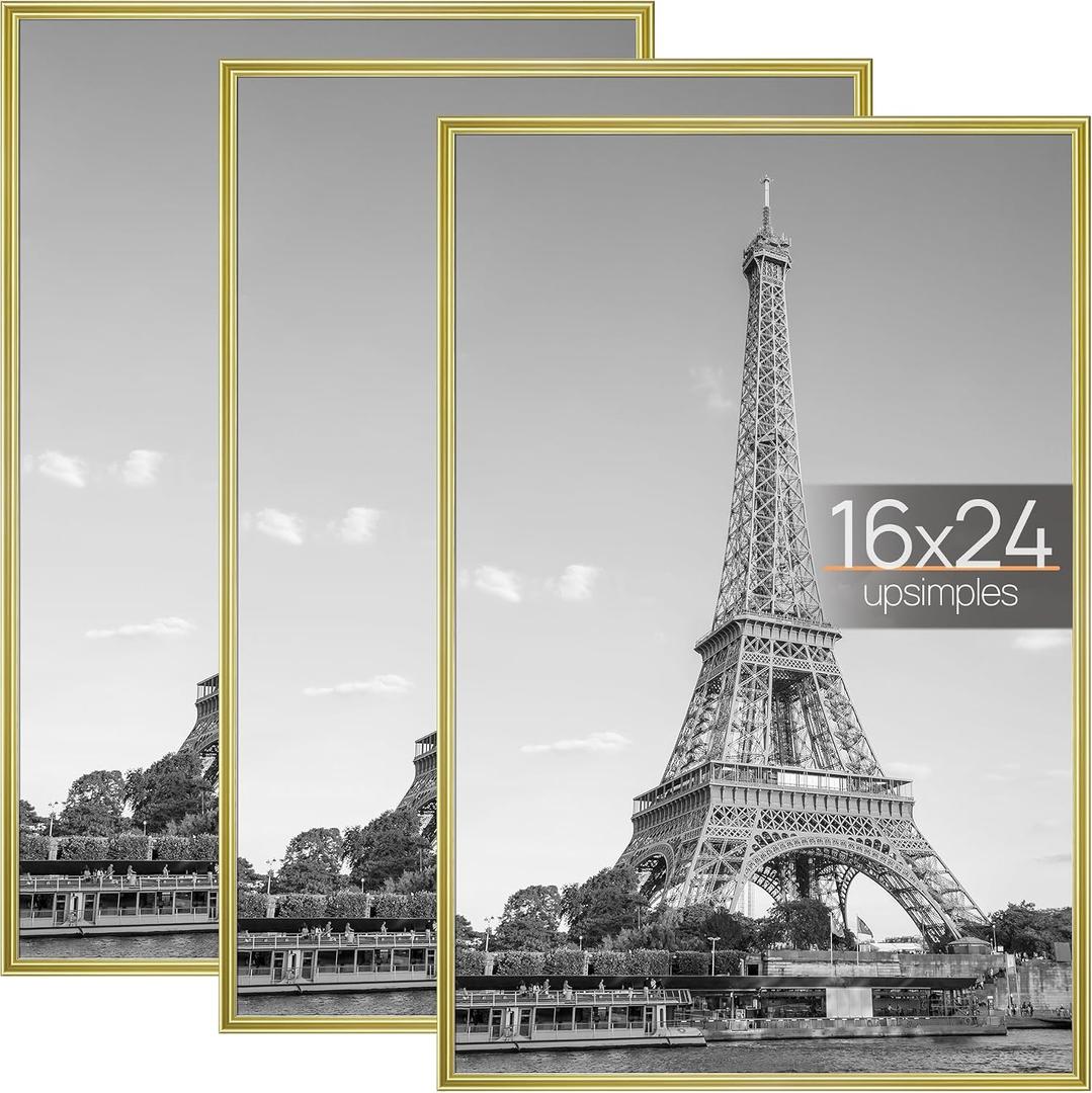 upsimples 16x24 Picture Frame Gold 3 Pack, Scratch-Proof Poster Frames 16 x 24 for Photo Gallery - Slide-In Strips, Horizontal or Vertical Wall Mounting