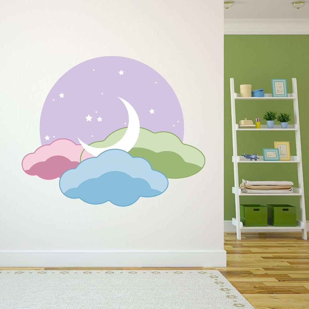 Design With Vinyl Danish Pastel Wall Decal Aesthetic Half Moon in Clouds in The Sky Removable - Size: 40 in x 32 in