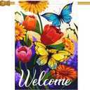 Louise Maelys Welcome Spring Floral House Flag 28x40 Inch Double Sided, Burlap Large Spring Summer Butterfly Yard for Seasonal Outside Outdoor House Decoration