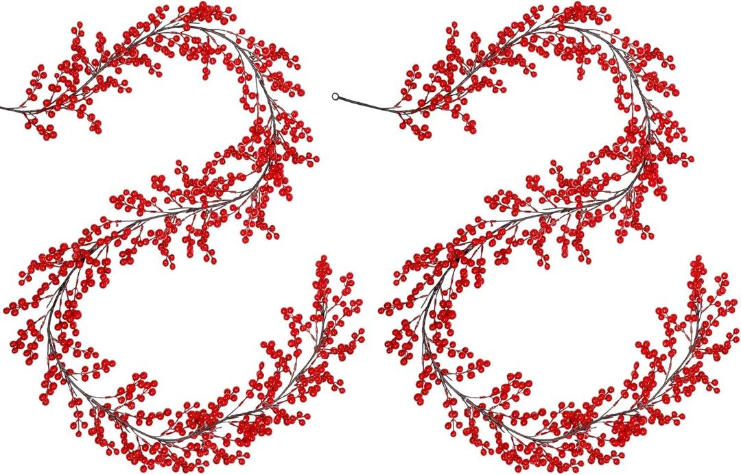 Lulu Home 2 Packs Red Berry Garland, 8.9FT Flexible Artificial Christmas Holly Berry Vine, Winter Berry Garland for Mantle Xmas Tree Window Door Hanging Indoor Outdoor Holiday Decoration
