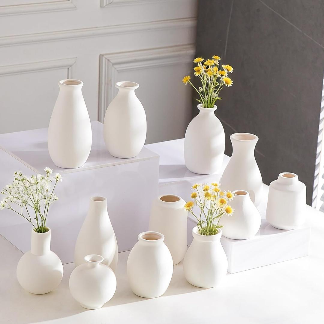 White Bud Vases Set of 12, Small Ceramic Vase in Bulk, Mini Pottery Vases for Pampas Grass Clay Vase for Wedding Table Centerpieces Decoration Modern Boho Rustic Home Decor DIY Gift