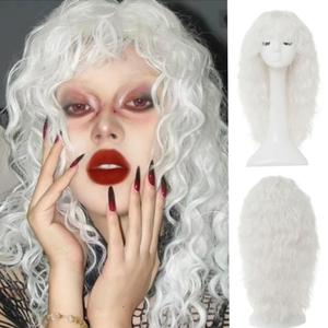 White Curly Long Wig for Women with Bangs Fluffy Synthetic Natural Wavy Halloween Cosplay Hair Wigs, White