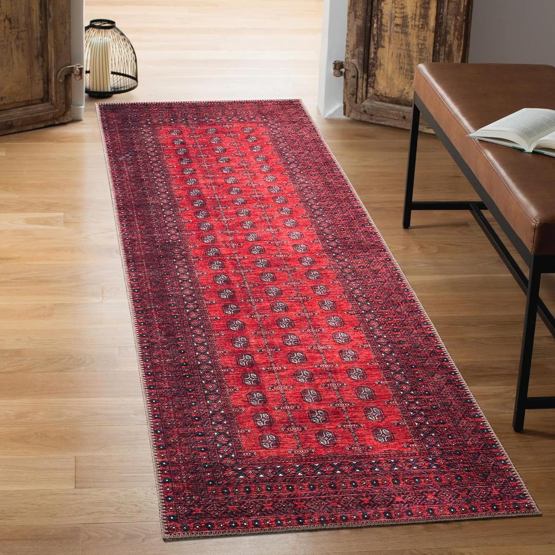 Keen Home Design 2x12 Rug - Machine Washable Runner Rug with Non-Slip Backing, Ideal for Hallway, Entryway, Kitchen, Laundry Room - Vintage, Easy Clean, Durable, Low Pile - (2'6" x 12') (Red/Burgundy)