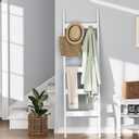 Blanket Ladder, 5-Tier Towel Holder with 4 Removable Hooks, Farmhouse Wall Leaning Decorative Rack Shelf, Wooden Towel Display Rack, Quilt Ladder for Living Room, Bedroom, White