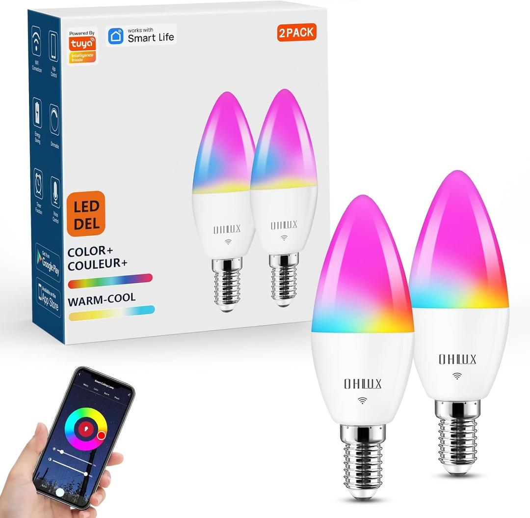 OHLUX 2 Pack E12 LED Bulb, 4W 40 Watt Equivalent Dimmable Smart Candelabra Bulbs Compatible with Alexa, Google Home, Color Changing, Music Sync, Voice Control, Timer