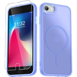 for iPhone SE Case 2022(3rd)/2020(2nd), iPhone 8/7 Case, with 1 Screen Protector, Matte Magnetic Slim Phone Cover, Support for Magsafe, Shockproof Protection Translucent Frosted Back, Lavender Purple