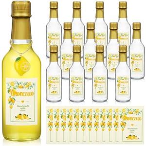 Reallnaive 12 Sets 8 oz Limoncello Glass Bottles Empty Clear Liquor Bottles with Lemon Labels, Lids, Shrink Capsules, Charms for Homemade Limoncello Brewing Beverages Gifts(Gold)