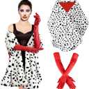 Halloween Costume Women, Halloween Costume for Women with Dalmatian Shawl Coat, 1920s Red Gloves and Long Plastic Holder