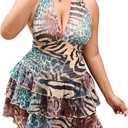 SHENHE Women's Plus Size Halter Mesh Dress Y2K Animal Print Club Mini Dress (L)