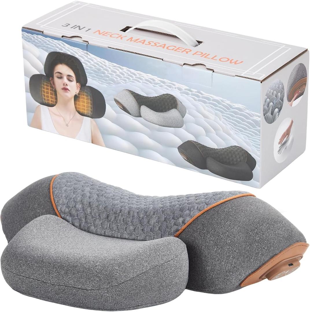 3-in-1 Neck Massager Pillow with Heating & Traction - Deep Tissue Pain Relief, Shoulder & Necks Hump Corrector for Men Women, Gifts for Family and Friends (Grey)