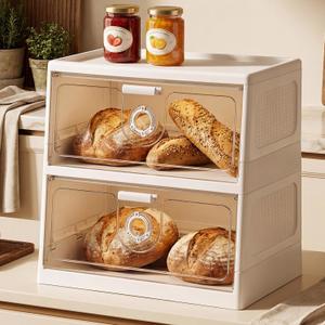 2-Tier Bread Box for Kitchen Counter, Clear Window Front, Adjustable Vent Dials, Large Capacity Stackable Bread Storage Bin Organizer for Countertop, White