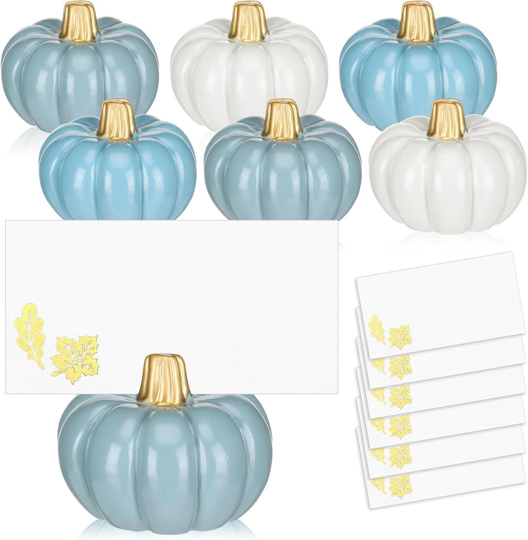 Amyhill 6 Sets White Blue Pumpkin Place Card Holders (Place Cards Included) Table Number Holder Fall Wedding Decorations for Thanksgiving Table Decor, Bridal Showers Harvest Party Favor