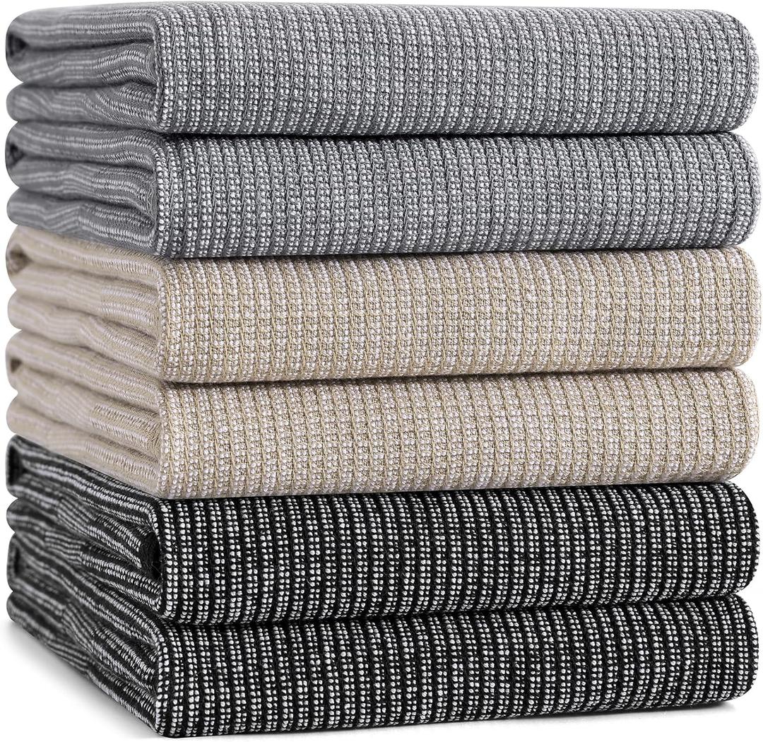 Mordimy Premium Kitchen Towels 6 Pack (18 x 28 Inches, Grey/Khaki/Black), Large Cotton Flat & Terry Kitchen Hand Towel, Super Absorbent Tea Dishtowels Set with Hanging Loop
