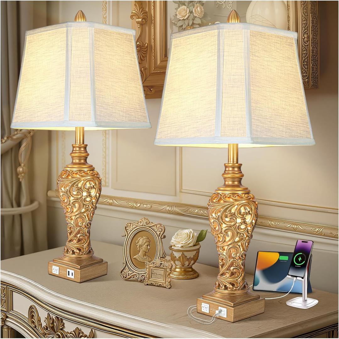 Vintage Table Lamps Set of 2, 28.5'' Tall Antique Gold Bedside Lamps with Fabric Shades, USB A+C Charging Ports & Night Light, Farmhouse Nightstand Lamps for Bedroom Living Room Office (Bulb Included) Vintage Table Lamps Set of 2, 28.5'' Tall Antique Gold Bedside Lamps with Fabric Shades, USB A+C Charging Ports & Night Light, Farmhouse Nightstand Lamps for Bedroom Living Room Office (Bulb Included)