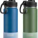 koodee Insulated Water Bottle 2 Pack-18 oz Stainless Steel Vacuum Metal Sports Water Bottle with Leakproof Spout Lid (Navy-Grass Green)