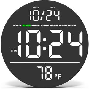 Digital Wall Clock with Large LED Display, Date, Temperature, Auto-Brightness | Small [PLUG-IN] Clock | Modern Electric Wall Clock for Bedroom, Classroom, Living Room, Home, Office, Farmhouse  White