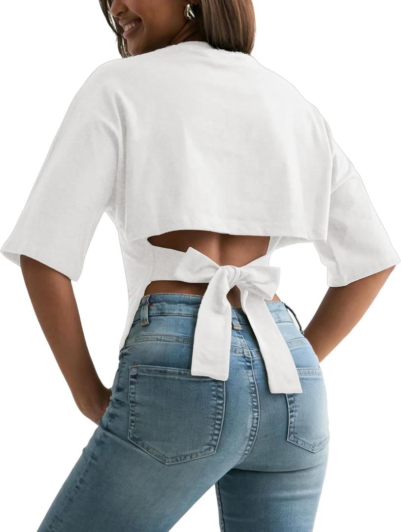 Women's Y2K Open Back Shirts Adjustable Tie Back Cinched Waist Crop Tops Half Sleeves Crew Neck Pullover Cotton Tees (White) XL