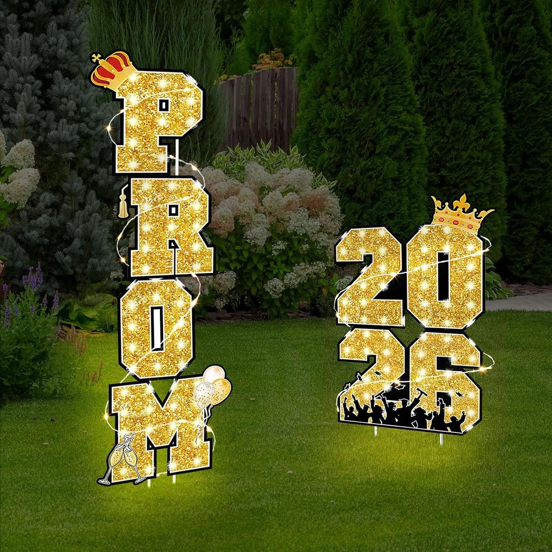 Amyhill 6 Pcs Prom 2026 Yard Signs Party Outdoor Lawn Decorations with Light String Prom Graduation Yard Signs Party Grad Decorations Waterproof Lawn Graduation(Gold and Black)