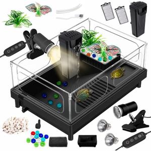GOZILLA Small Turtle Tank Kit(Tank+Lamp+Filter), Acrylic Turtle Starter Kit with Adjustable Lamp, Reptile Habitat and Terrarium with Multi-Functional Areas for Small Reptiles (Black Kit)