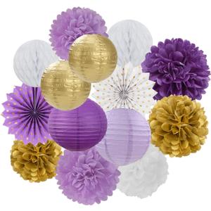 Purple-Gold Party Decorations Streamers Lanterns - 14pcs White Lavender Paper Fan Graduation Woman Birthday Wedding Bridal Shower Tissue Pom Poms,Honeycomb Balls Valentines day Decor Ouruola