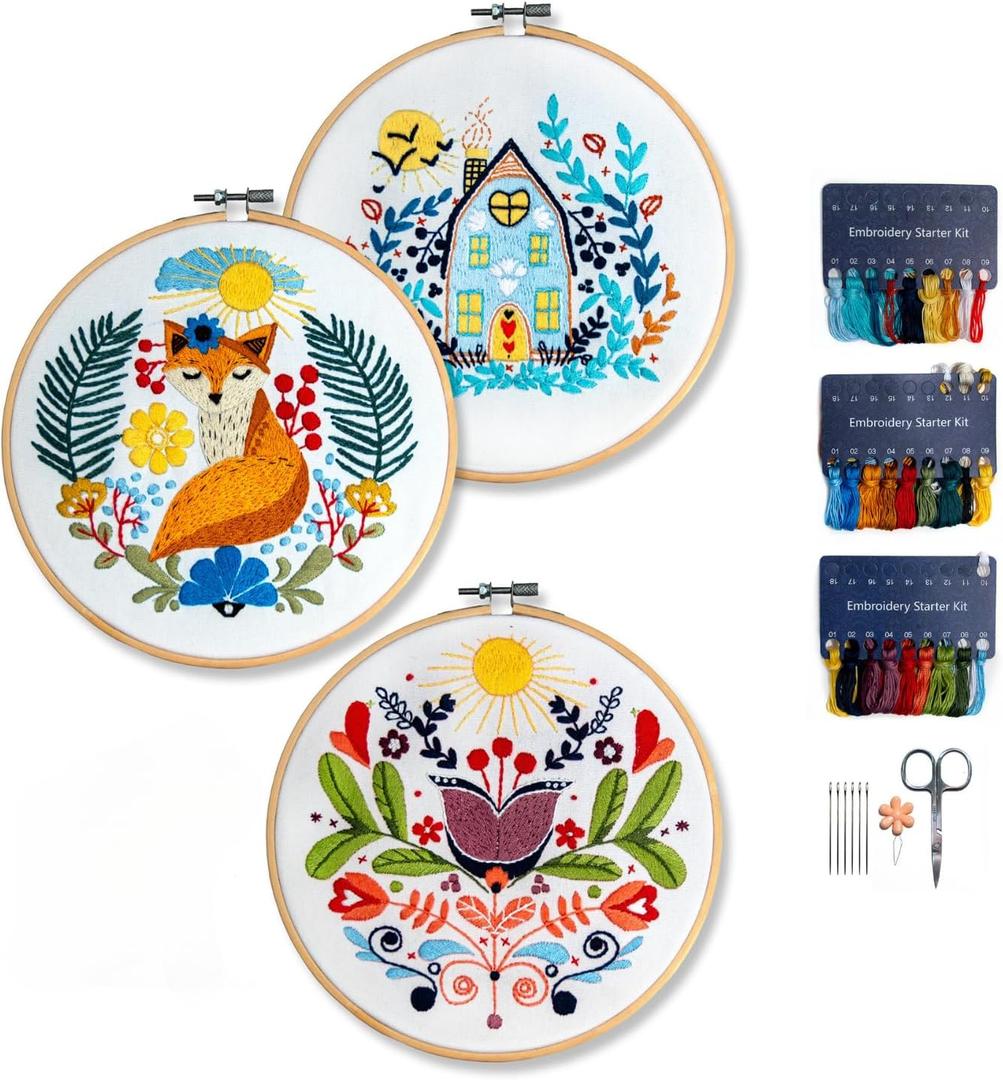 Hearthfire Hygge Embroidery Kit for Beginners | Scandinavian Folk Art Beginner Embroidery Kit for Adults | Fox, House, Flower Cross Stitch Kits for Beginners | Needlepoint Kits for Adults