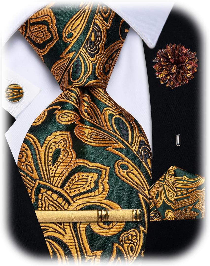 YourTies Silk Tie for Men Paisley Necktie Pocket Square Cufflinks Tie Clip Lapel Pin Brooch Set Wedding Business Party