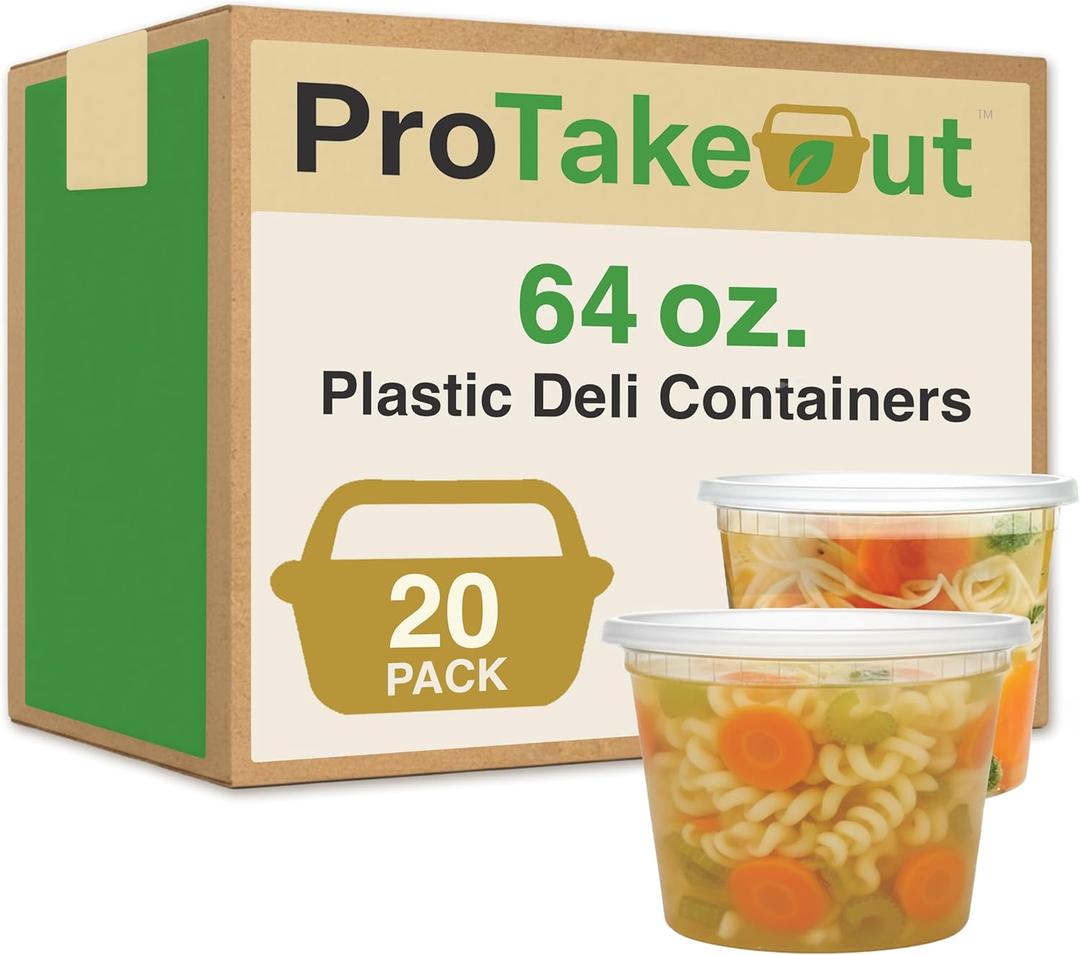 64oz [20 set] Heavy Duty Plastic Deli Container | BPA-Free Food Storage with Airtight LeakProof Lids | Microwave, Freezer & Dishwasher Safe  Stackable, Bulk Reusable Soup & Meal Prep Tub