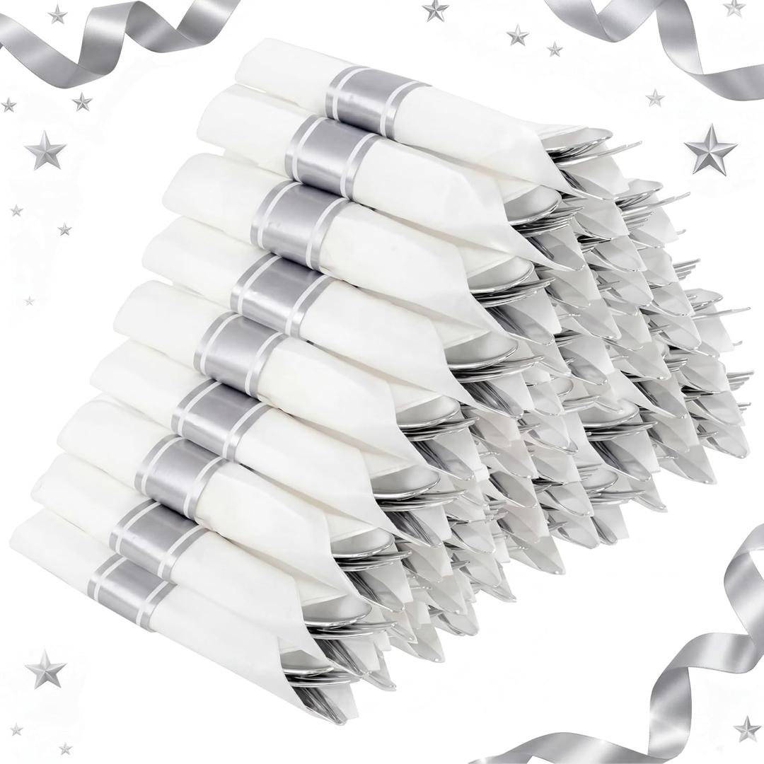 Supernal 240 Silver Plastic Silverware Set - 60 Sets Pre Rolled Napkins with Cutlery - Mirror Polished Real Look Disposable Silver Utensils- Elegant Heavy Duty Flatware for Weddings & Catering