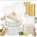 WDF 350PCS White and Gold Plastic Plates - Gold Plates Disposable 50Guest Plastic Dinnerware Ideal for Party/Wedding/Birthday/Ramadan/Easter