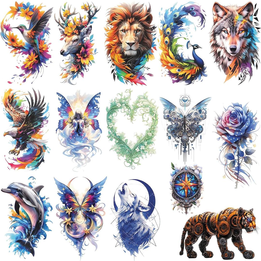 15 Sheets 3D Watercolor Flower Animal Temporary Sleeve Tattoos Adults, Waterproof Half Arm Floral Stickers Women Men, LongLasting Rose Eagle Butterfly Agle Parties Festivals Accessories