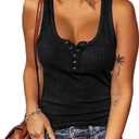 BTFBM Women's Summer Ribbed Tank Tops Crew Neck Button Down Slim Fit Basic Sleeveless Tunic Blouse Casual Henley Shirts (Black, S)