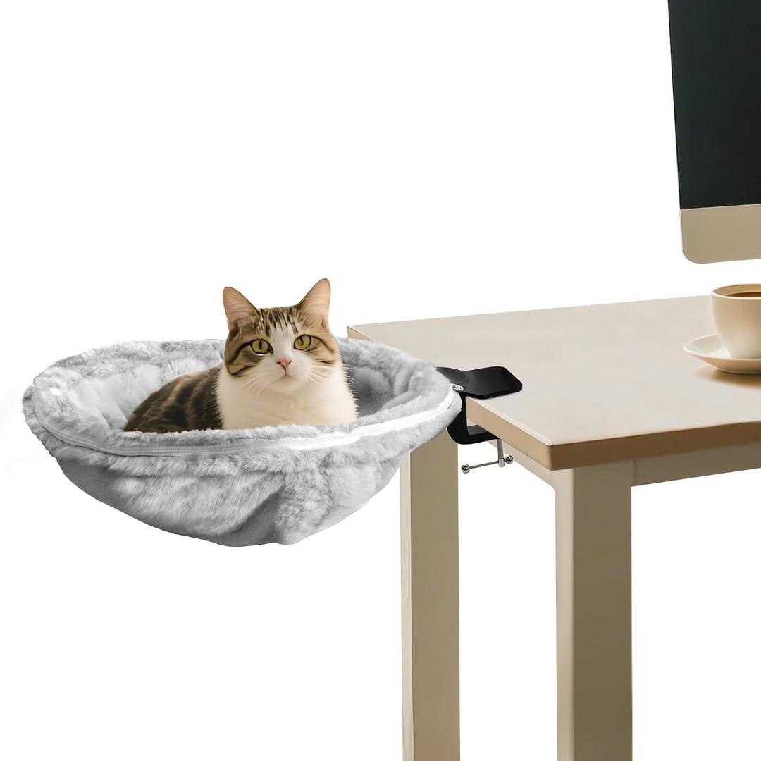 Cat Desk Bed, Cat Hammock Integrated Clamp Sturdy and Comfortable for Indoor Pets up to 40 lbs  Ideal for Remote Workers, Gamers, and Office Use  Removable and Washable Faux Fur Pad