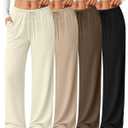 4 Pack Women's Lounge Pants Comfy Wide Leg Yoga Pant Drawstring Loose Baggy Sweatpants Open Bottom with Pockets (Black, Brown, Khaki, Cream)