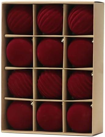 Senjie 3.15inch Burgundy Velvet Christmas Ornaments Balls Flocked Christmas Tree 12PCS Plastic Balls Xmas Hanging Ornaments Decoration Red
