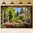 Spring Summer Garden Window Backdrop for Photography Floral Nature Landscape Photo Background Flowers and Trees Vibrant Flowers Party Decorations Banner Wedding Baby Shower Party Supplies 5x3ft