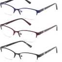 CRGATV 3-Pack Reading Glasses for Women Blue Light Blocking Metal Half Frame Computer Readers Anti UV/Eye Strain/Glare (Black Blue Red)