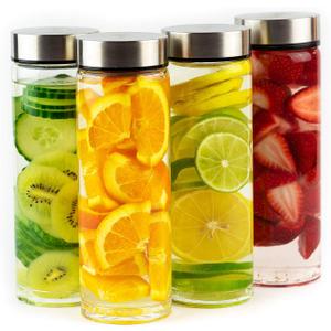 Juice Bottles - 4 Pack Wide Mouth Glass Bottles with Lids - for Juicing, Smoothies, Infused Water, Beverage Storage - 16oz, BPA Free, Stainless Steel Lids, Leakproof, Reusable, Borosilicate