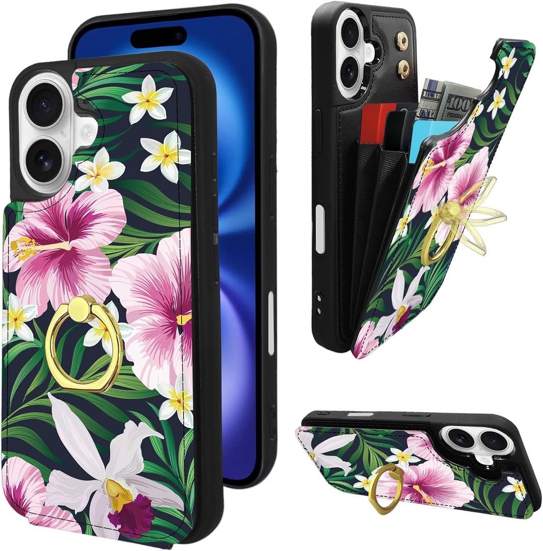 Compatible with iPhone 16 Wallet Case with Card Holder, 360 Rotation Finger Ring Holder Kickstand Protective RFID Blocking PU Leather Pattern Double Buttons Flip Cover 6.1" Florals Green