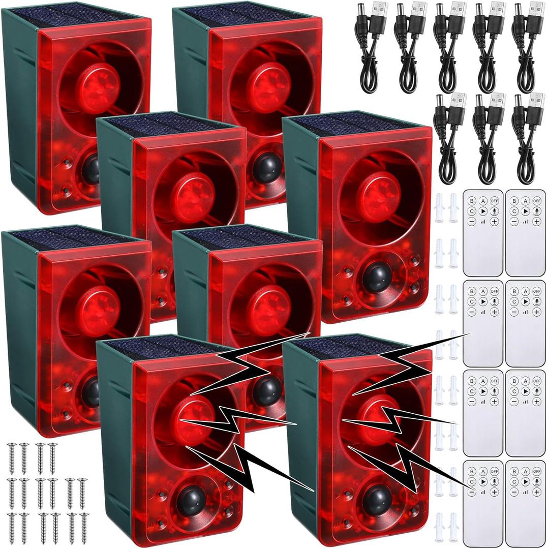 Qualirey 4 Pcs Solar Outdoor Motion Sensor Alarm Animal Deterrent Gunshot Sound Dog Barking 130db Loud Noise Maker 3 Modes with USB Remote Control, Support Recording and Volume Adjustment (Red)