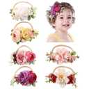 Cinaci 6 Pack Delicate Rose Flower Nylon Headbands Floral Bows Headband Super Stretchy Hair Bands Fancy Headpieces Tiara Crown Accessories Bulk for Baby Girls Newborns Infants Toddlers Kids (White, Ivory, Pink, Purple, Rose Pink and Yellow)