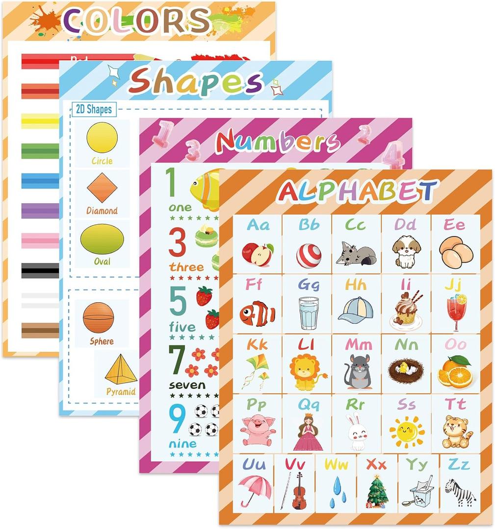 Educational Posters 4 PCS 17x22 Inch Shapes Numbers Colors Alphabet Poster Learning Posters for Toddlers 13 Preschool Classroom Must Haves Preschool Charts for Elementary School Kindergarten