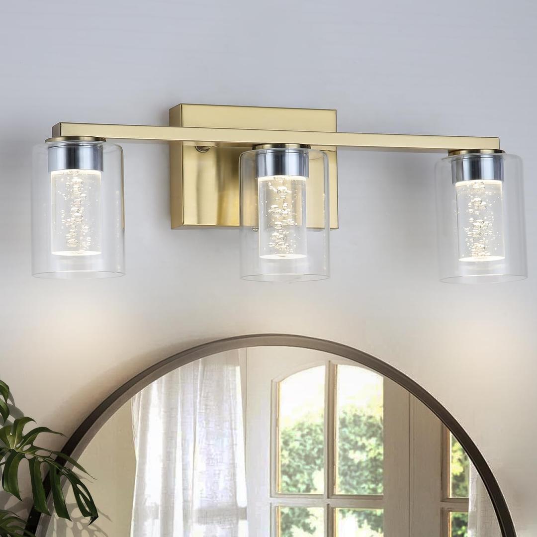 3-Light Bathroom Light Fixtures, Brushed Gold Dimmable Vanity Light with Clear Glass Shade, Crystal LED Bathroom Lights Over Mirror for Bedroom, Living Room, Hallway, Farmhouse (Gold (3-Light))