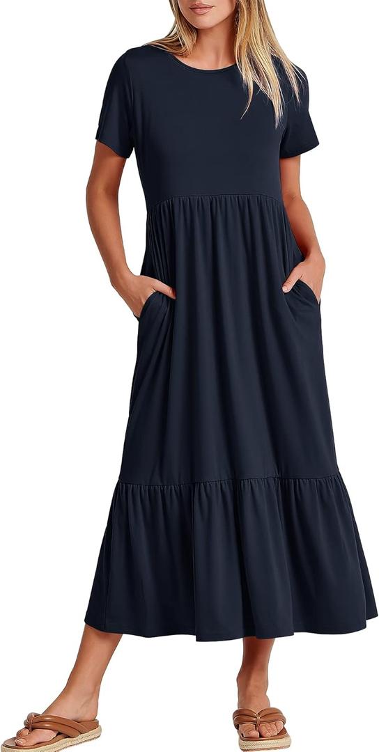 ANRABESS Womens 2025 Summer Casual Maxi Dress A line Tiered Flowy Short Sleeve Crewneck T Shirt Beach Travel Long Dresses, Large 