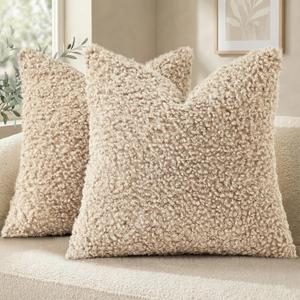 DecorUhome Pack of 2 Throw Pillow Covers 24x24 Inch, Faux Fur Decorative Sherpa Pillow Covers Fuzzy Accent Soft Sheepskin Fleece Pillow Cases for Couch Living Room Bed, Neutral Oatmeal