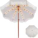 Fringe Patio Umbrella with Solar Powered String Lights, Boho Patio Umbrella for Outdoor, Garden, Deck, Pool, Push Button Tilt Pole